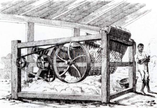 Saw tooth cotton gin operated by slave