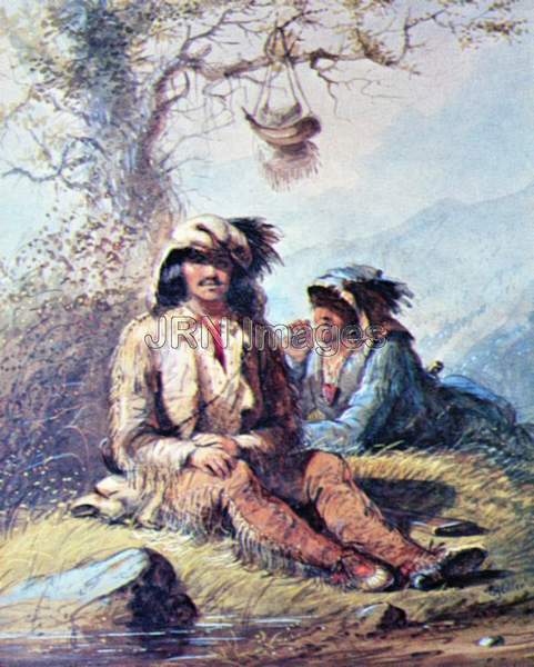 Two fur trappers resting by tree