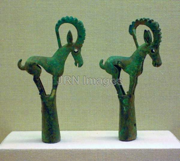 Pair of Pole Tops with Ibex (Mountain Goat)