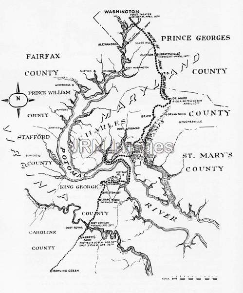 Map of the Escape Route of John Wilkes Booth